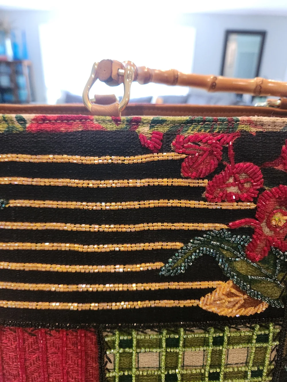 Isabella Fiore Vintage Y2K Beaded Patchwork Bamboo Handle Satchel Bag, RARE